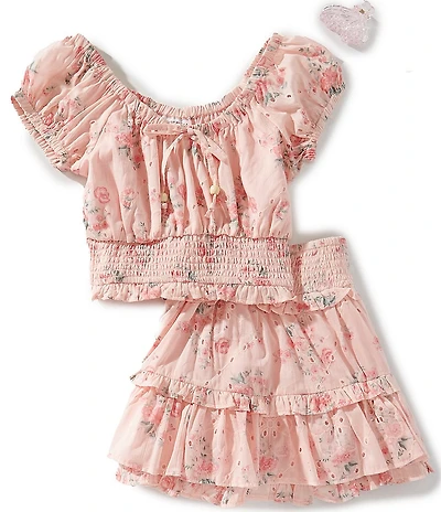 Tween Diva Big Girls Cap Sleeve Floral Schiffli Embroidered Eyelet Top & Matching Skirt Set