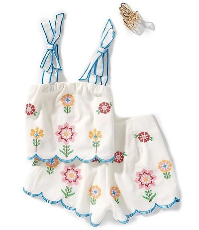 Tween Diva Big Girls Floral-Embroidered Tank Top & Matching Shorts Set