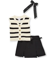 Tween Diva Big Girls Knit Stripe Sweater Vest & Belted Crepe Skort Set