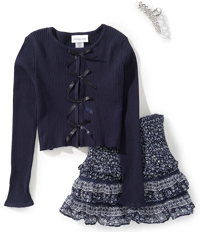 Tween Diva Big Girls Long-Sleeve Cardigan, Sleeveless Camisole & Mixed-Floral Skirt Set