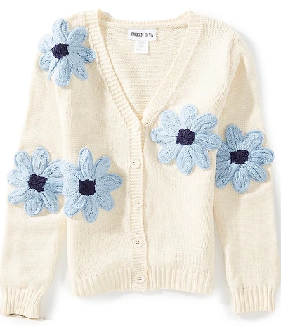 Tween Diva Big Girls Long Sleeve Flower Cardigan Sweater