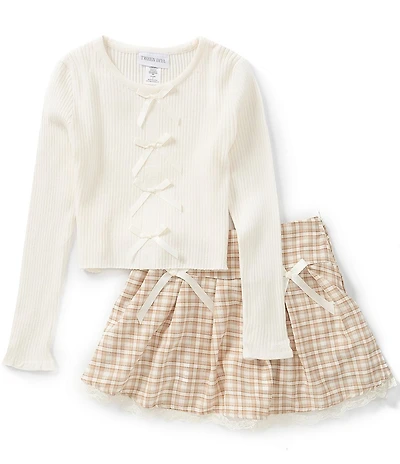 Tween Diva Big Girls Long-Sleeve Rib-Knit Top, Camisole & Plaid Knife-Pleat Woven Skirt Set