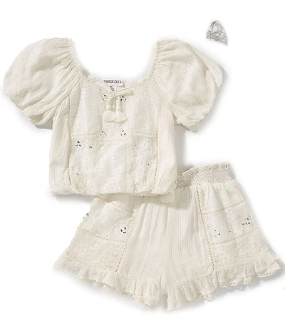Tween Diva Big Girls Puffed-Sleeve Sequin-Embellished Lace Peasant Top & Matching Shorts Set