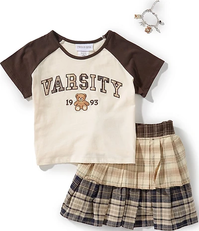 Tween Diva Big Girls Raglan-Sleeve Bear Graphic/Color Block T-Shirt & Plaid Skort Set