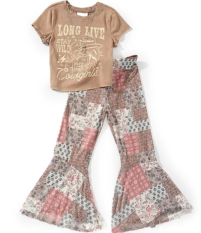 Tween Diva Big Girls Short-Sleeve Cowgirl Acid-Wash T-Shirt & Patchwork-Printed Flare-Leg Leggings
