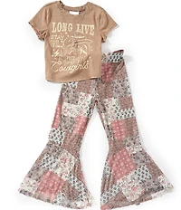 Tween Diva Big Girls Short-Sleeve Cowgirl Acid-Wash T-Shirt & Patchwork-Printed Flare-Leg Leggings