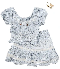 Tween Diva Big Girls Short-Sleeve Floral-Print Embroidered Trim Clip-Dot Top & Matching Skort Set