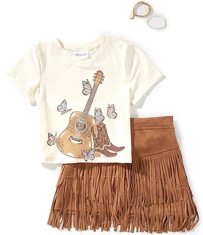 Tween Diva Big Girls Short-Sleeve Guitar/Cowboy Boots Graphic Knit T-Shirt & Faux-Suede Fringe-Trimmed Skort Set