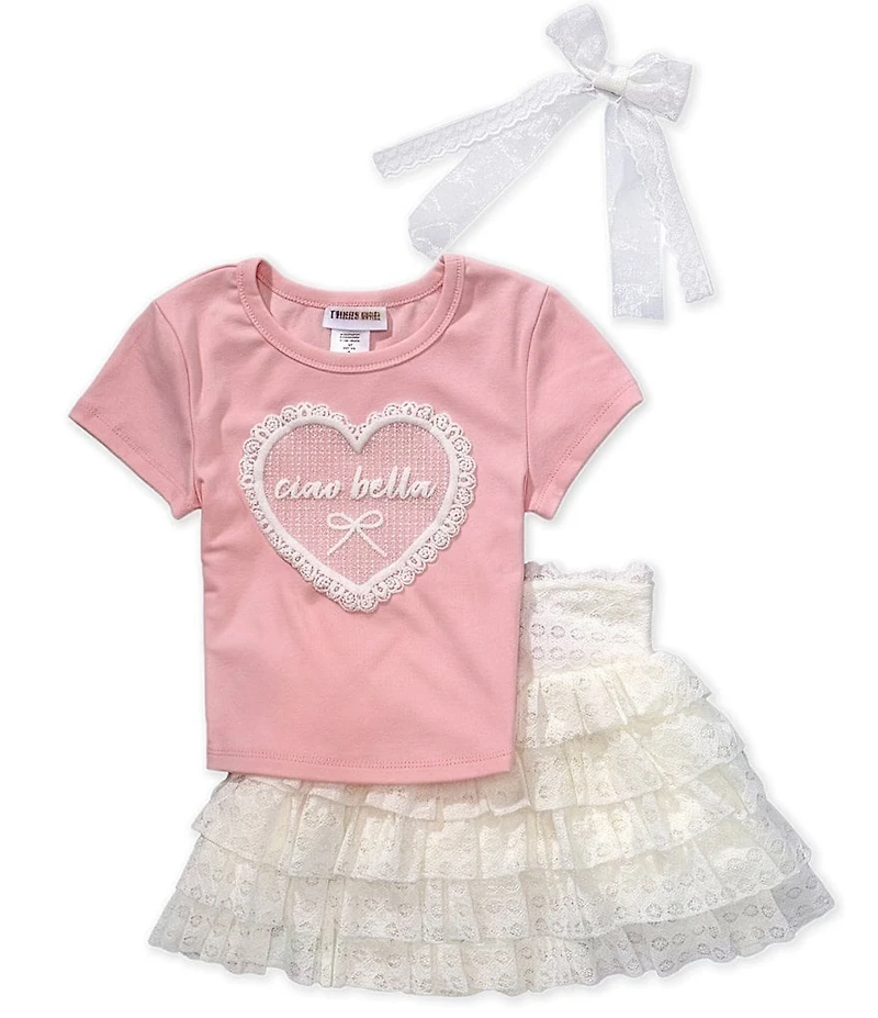 Tween Diva Big Girls Short-Sleeve Heart-Graphic Knit T-Shirt & Lace Skort Set