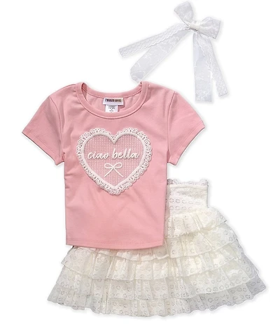 Tween Diva Big Girls Short-Sleeve Heart-Graphic Knit T-Shirt & Lace Skort Set