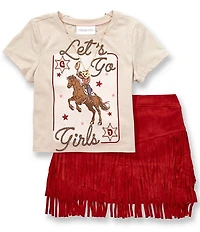 Tween Diva Big Girls Short-Sleeve Let's Go Girls Knit T-Shirt & Faux-Suede Fringe-Trimmed Skort Set