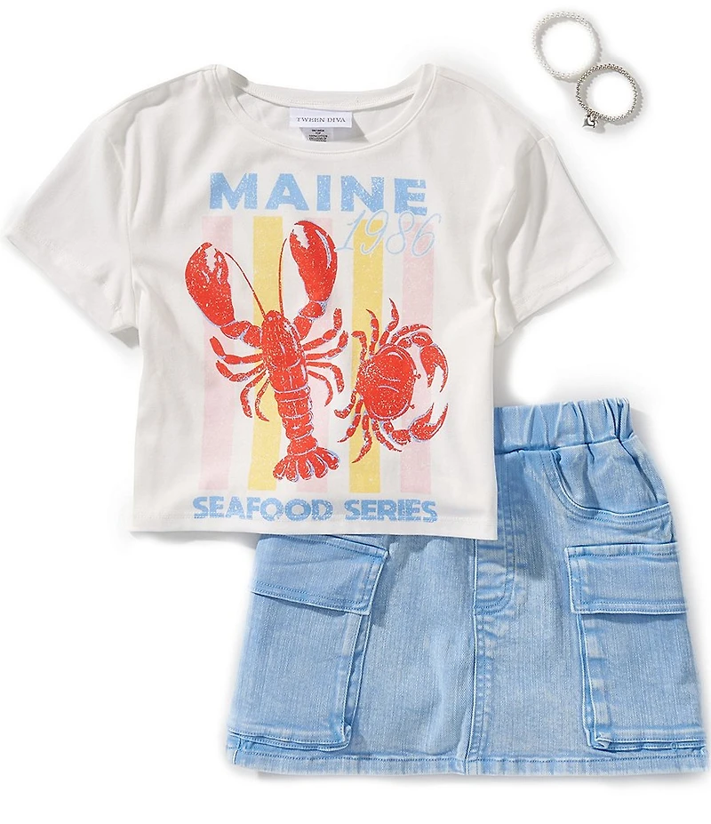 Tween Diva Big Girls Short-Sleeve Lobster-Screenprinted T-Shirt & Denim Skort Set