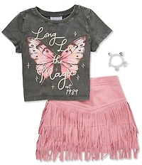 Tween Diva Big Girls Short-Sleeve Long Live The Magic Butterfly-Graphic Knit T-Shirt & Faux-Suede Fringe-Trimmed Skort Set
