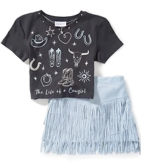 Tween Diva Big Girls Short-Sleeve Rhinestone-Embellished Western Graphic Knit T-Shirt & Faux-Suede Fringe-Trimmed Skort Set