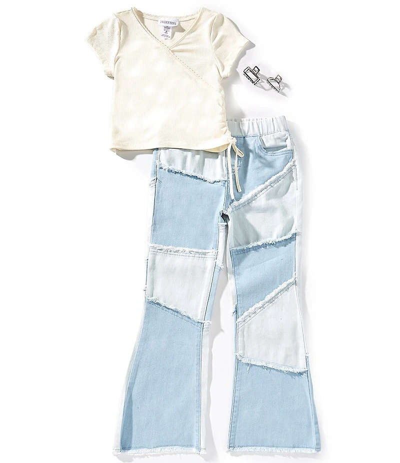 Tween Diva Big Girls Short Sleeve Rib Knit Faux Wrap T-Shirt & Patchwork Denim Pants 2-Piece Set