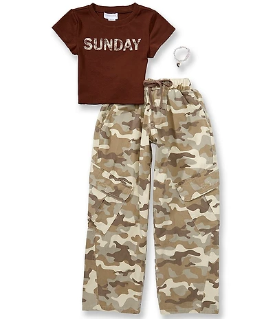 Tween Diva Big Girls Short Sleeve Sunday Graphic T-Shirt & Camouflage Cargo Pants Set