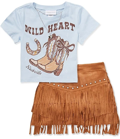 Tween Diva Big Girls Short-Sleeve Wild Heart Knit T-Shirt & Faux-Suede Fringe-Trimmed Skort Set