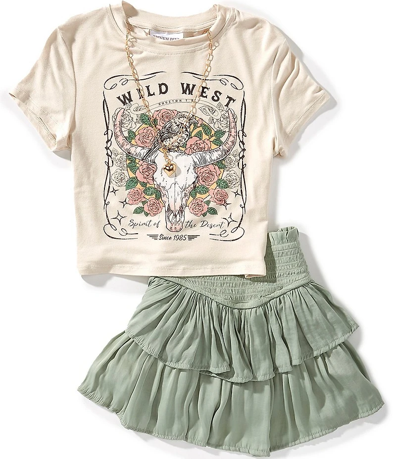 Tween Diva Big Girls Short-Sleeve Wild West Graphic T-Shirt & Solid Smocked Skort Set