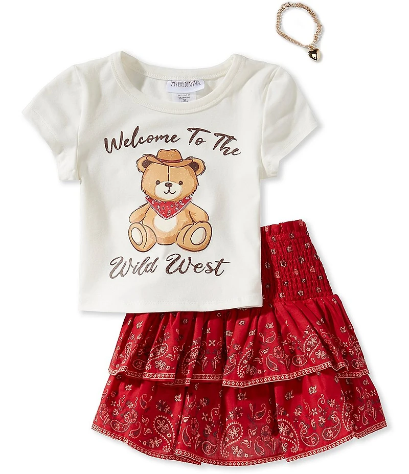 Tween Diva Big Girls Short Sleeve Wild West T-Shirt & Bandana Printed Skort Set