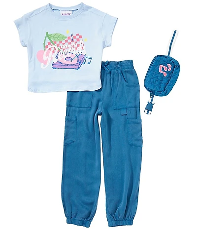 Tween Diva Little Girls Short Sleeve Cherry Records T-Shirt & Acid Wash Denim Cargo Pants Set