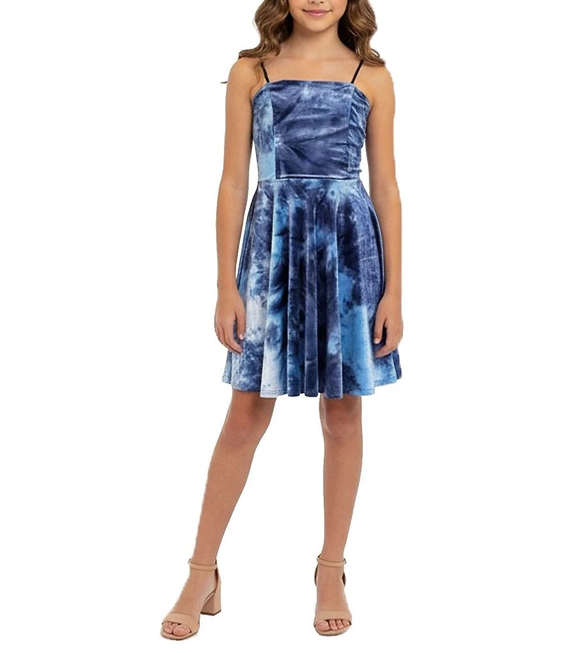 Un Deux Trois Big Girls Tie-Dye Velvet Square Neck Fit & Flare Dress