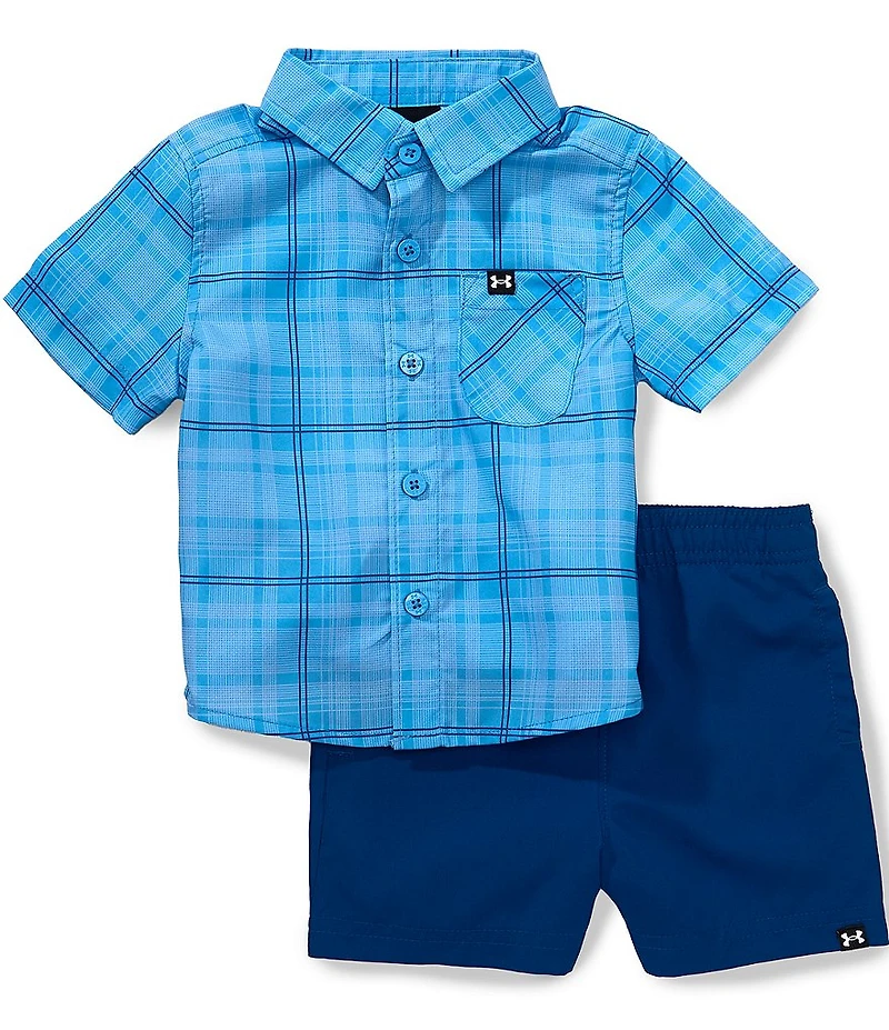 Under Armour Baby Boys Short-Sleeve Plaid Dri-FIT Fishing Shirt & Solid Woven Pull-On Shorts Set
