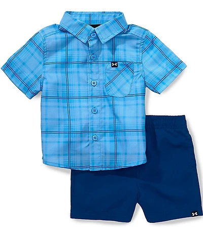Under Armour Baby Boys Short-Sleeve Plaid Dri-FIT Fishing Shirt & Solid Woven Pull-On Shorts Set