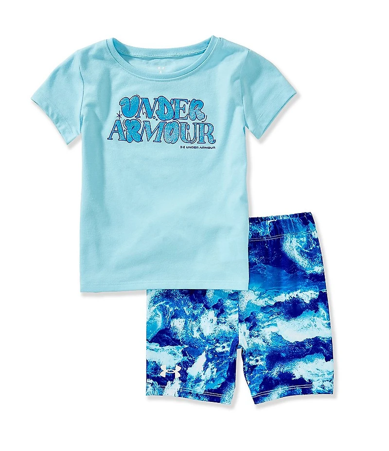 Under Armour Little Girls Short Sleeve Glitter-Accented Graphic Logo T-Shirt & Bike Shorts Set