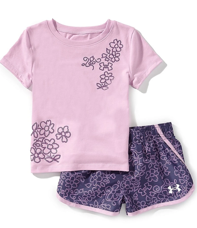 Under Armour Little Girls Floral-Placement-Print T-Shirt & Floral-Printed Shorts Set