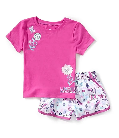 Under Armour Little Girls Floral-Placement-Print T-Shirt & Floral-Printed Shorts Set