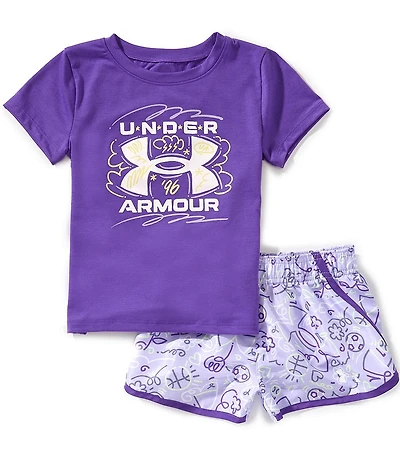 Under Armour Little Girls Short Sleeve Big Icon Logo Jersey T-Shirt & Doodle Printed Microfiber Shorts Set