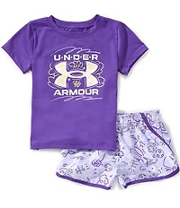 Under Armour Little Girls Short Sleeve Big Icon Logo Jersey T-Shirt & Doodle Printed Microfiber Shorts Set