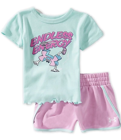Under Armour Little Girls Short-Sleeve Endless Energy Jersey Lettuce Trim T-Shirt & Contrasting French Terry Shorts Set