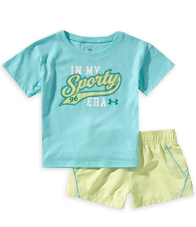 Under Armour Little Girls Short Sleeve Glitter Accented Graphic Rib-Knit T-Shirt & Coordinating Ripstop Shorts Set