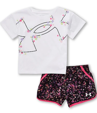 Under Armour Little Girls Short Sleeve Glitter Tee & Floral Print Shorts Set