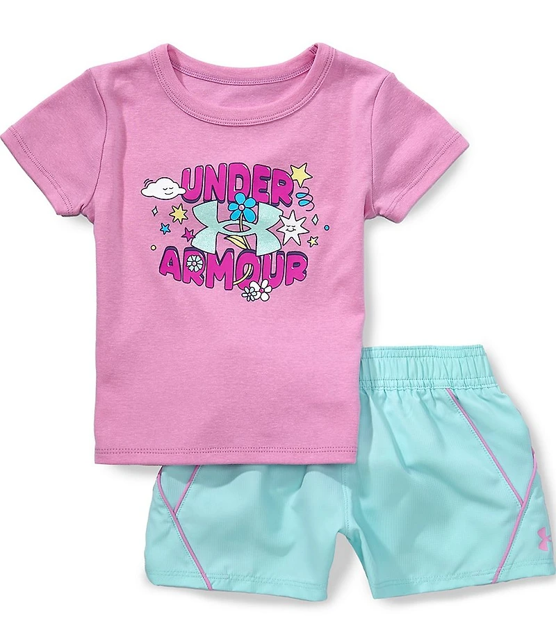 Under Armour Little Girls Short Sleeve Glittler Logo T-Shirt & Tech Woven Shorts Set