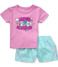 Under Armour Little Girls Short Sleeve Glittler Logo T-Shirt & Tech Woven Shorts Set