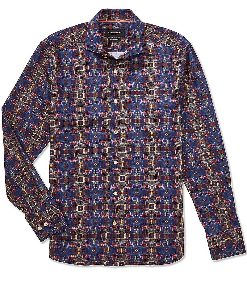 Visconti Grid Print Long Sleeve Woven Shirt