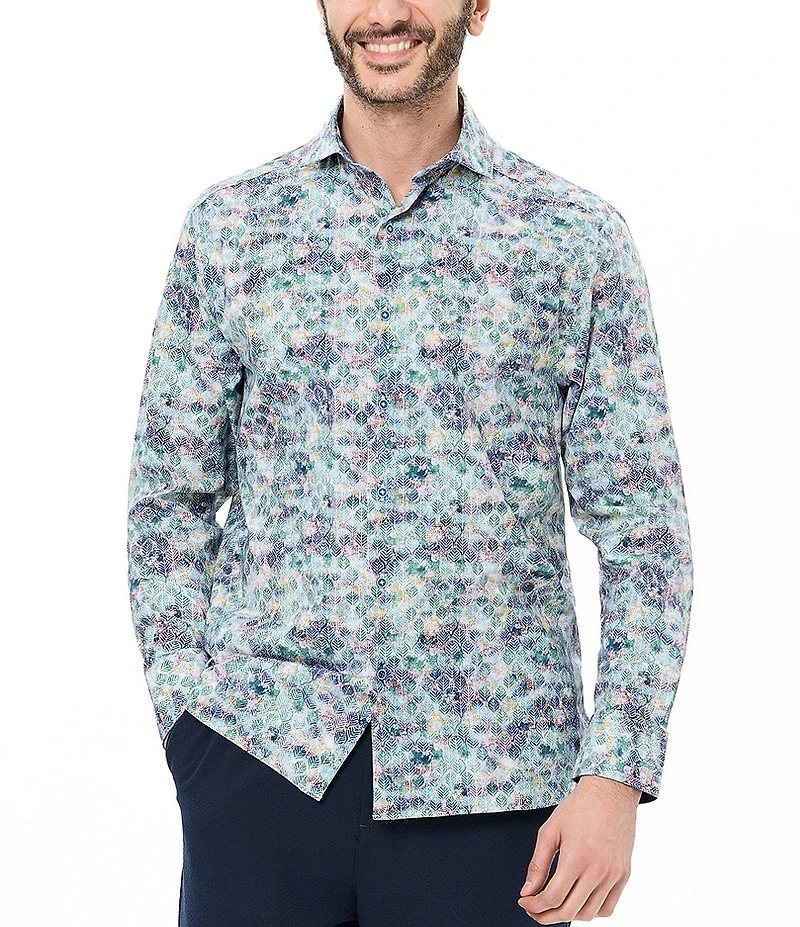 Visconti Multi-Leaf Print Stretch Long Sleeve Woven Shirt