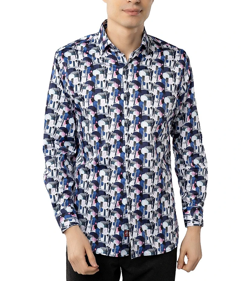 Visconti Shapes Print Stretch Long Sleeve Woven Shirt