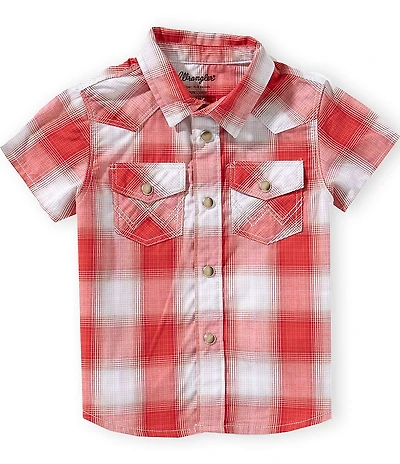 Wrangler Baby Boys Cotton Short Sleeve Woven Pearl Snap Plaid Button Down Collared Shirt