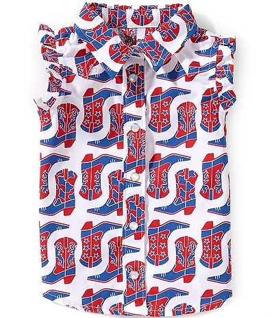 Wrangler® Baby Girls Flutter Sleeve Cowboy Boot Printed Snap Front Button Shirt
