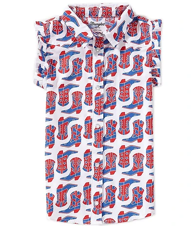 Wrangler® Little Girls Ruffle Flutter Sleeve Western Boot Printed Snap Button Front Shirt