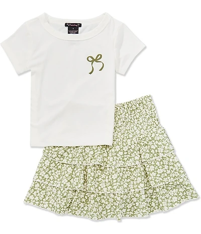 Xtraordinary Big Girls Short-Sleeve Bow T-Shirt & Ditsy-Floral-Printed Skort Set