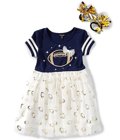 Zunie Little Girls Short-Sleeve Football-Appliqued/Football-Printed Mesh Tutu-Skirted Fit-And-Flare Dress