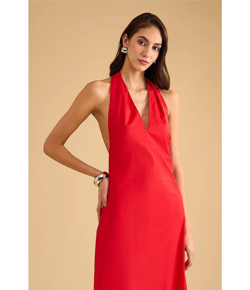 1. STATE Halter V Neck Sleeveless Maxi Sheath Dress