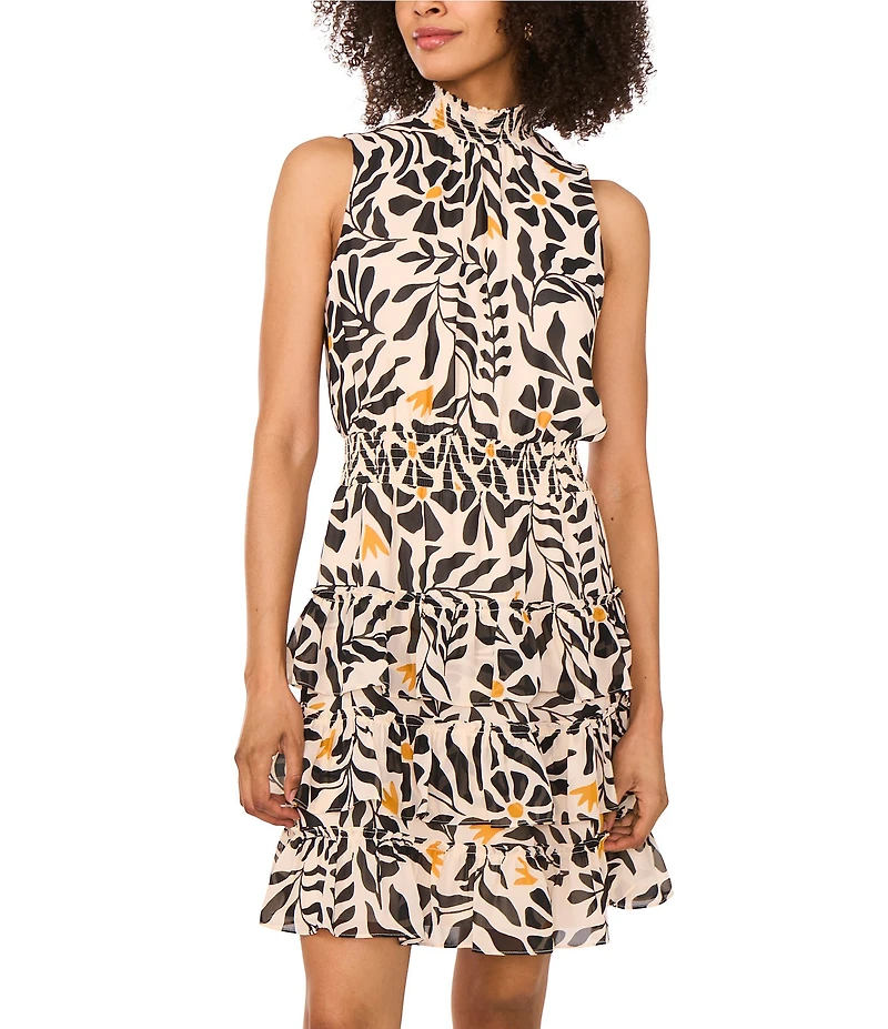 1. STATE Woven Sunflower Print Mock Neck Sleeveless Ruffle Tiered Dress