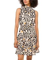 1. STATE Woven Sunflower Print Mock Neck Sleeveless Ruffle Tiered Dress