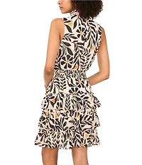 1. STATE Woven Sunflower Print Mock Neck Sleeveless Ruffle Tiered Dress