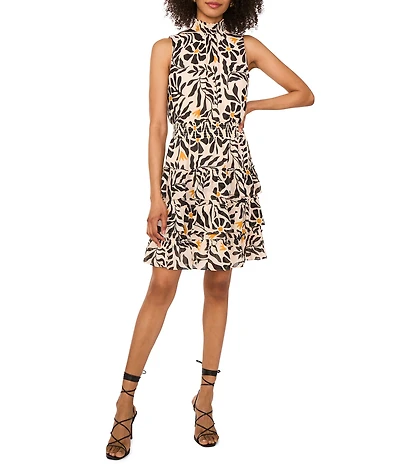 1. STATE Woven Sunflower Print Mock Neck Sleeveless Ruffle Tiered Dress